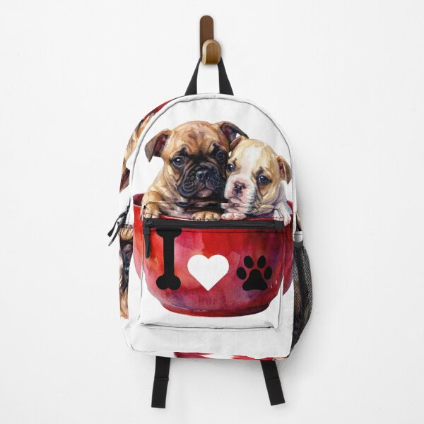 Item preview, Two Cute French Bulldog Puppies in a Red Bowl Watercolor Art with a Love Design designed and sold by VibranPalette.