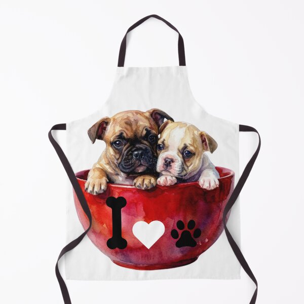 Item preview, Two Cute French Bulldog Puppies in a Red Bowl Watercolor Art with a Love Design designed and sold by VibranPalette.