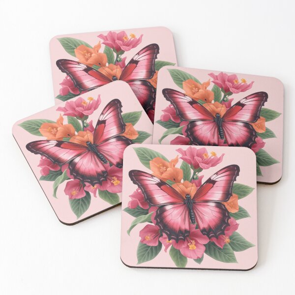 Item preview, Crimson Butterfly on Tropical Pink & Orange Flowers designed and sold by carthagia.