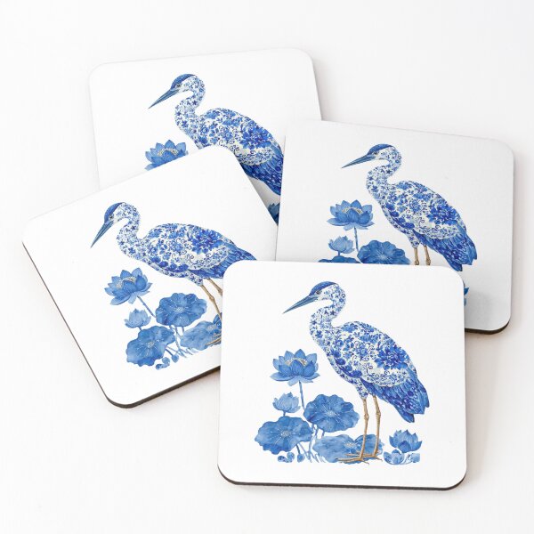 Item preview, Blue Chinoiserie Heron with Lotus Flowers designed and sold by NightSpell.