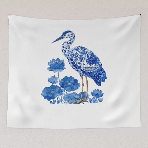 Item preview, Blue Chinoiserie Heron with Lotus Flowers designed and sold by NightSpell.