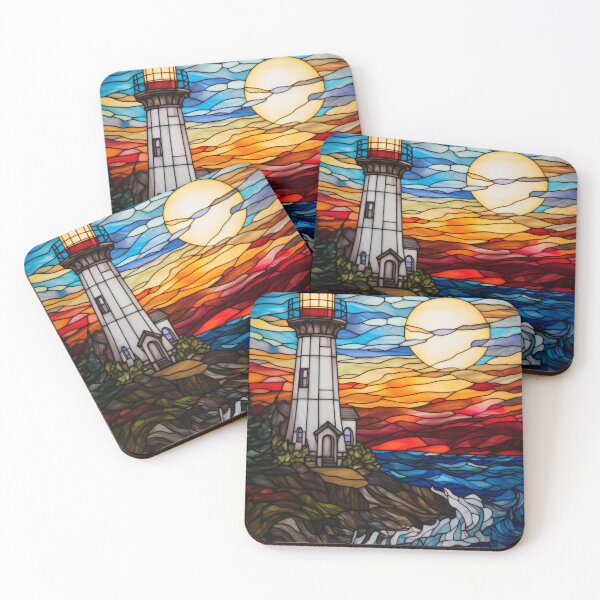 Item preview, Stained Glass Lighthouse at Sunset Over a Rocky Coast designed and sold by pinkal.