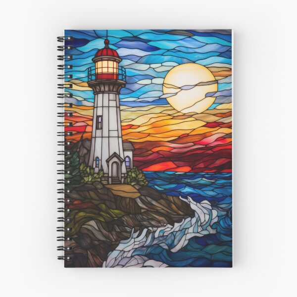 Item preview, Stained Glass Lighthouse at Sunset Over a Rocky Coast designed and sold by pinkal.
