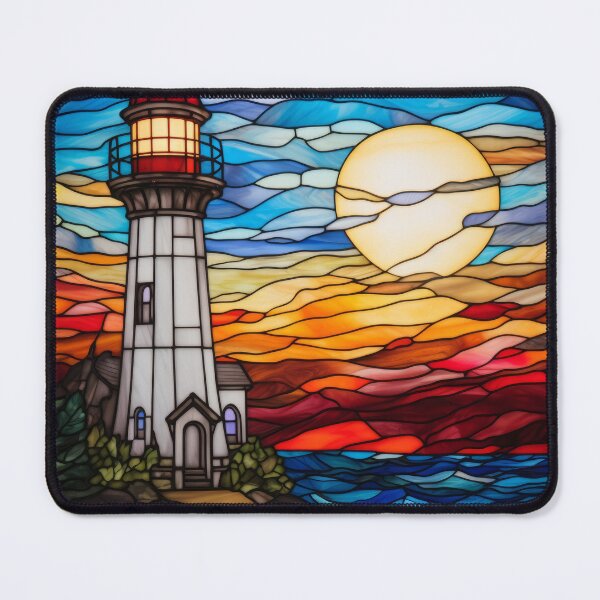 Item preview, Stained Glass Lighthouse at Sunset Over a Rocky Coast designed and sold by pinkal.