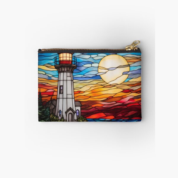 Item preview, Stained Glass Lighthouse at Sunset Over a Rocky Coast designed and sold by pinkal.