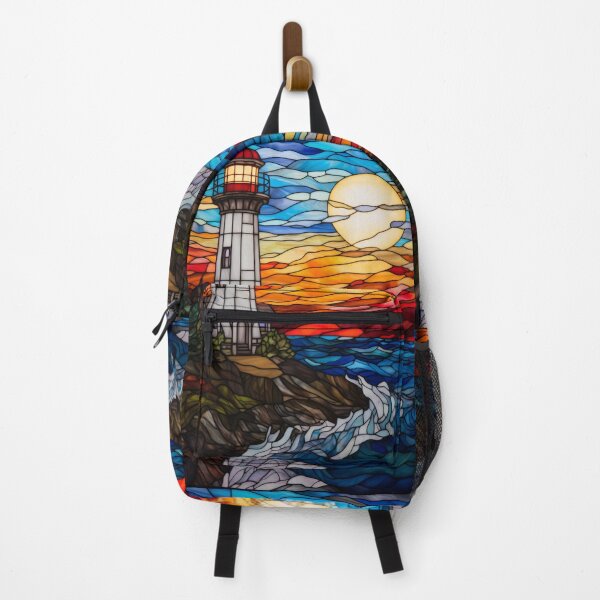 Item preview, Stained Glass Lighthouse at Sunset Over a Rocky Coast designed and sold by pinkal.