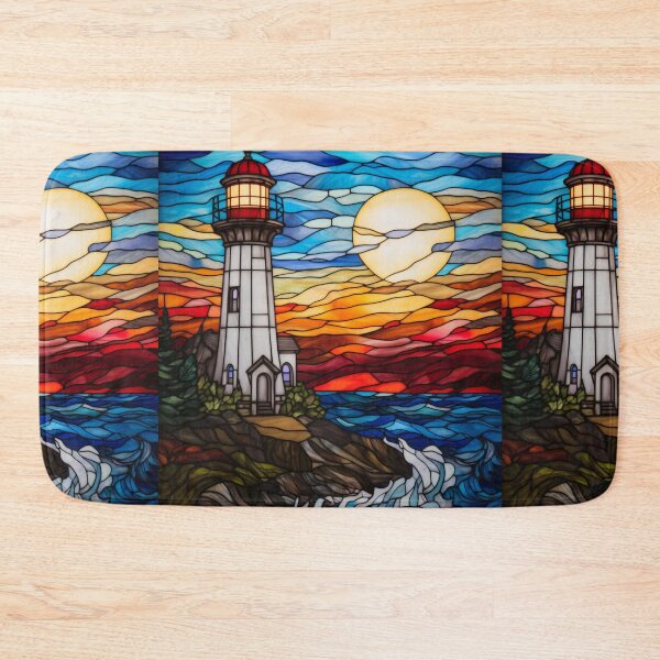Item preview, Stained Glass Lighthouse at Sunset Over a Rocky Coast designed and sold by pinkal.