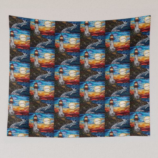 Item preview, Stained Glass Lighthouse at Sunset Over a Rocky Coast designed and sold by pinkal.