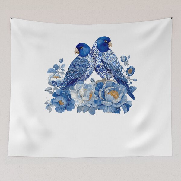 Item preview, Blue Chinoiserie Parrots with Floral Peonies designed and sold by NightSpell.
