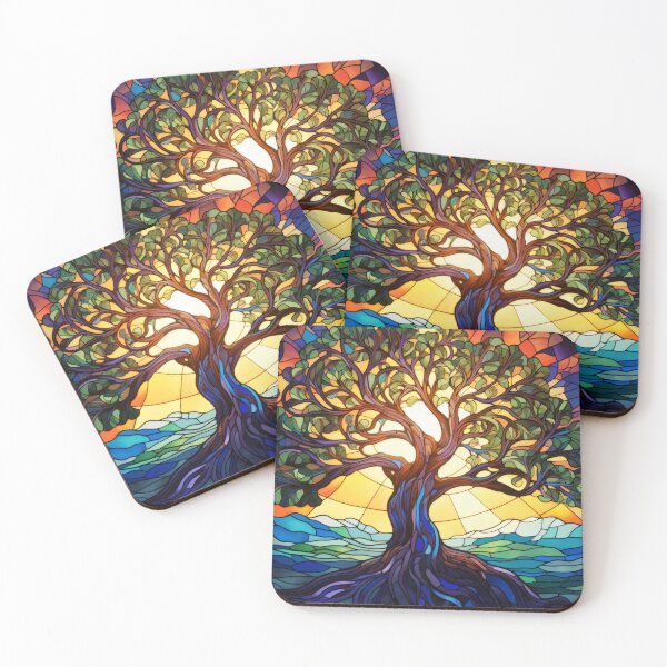 Item preview, Stained Glass Tree of Life Sunrise Nature Art designed and sold by pinkal.