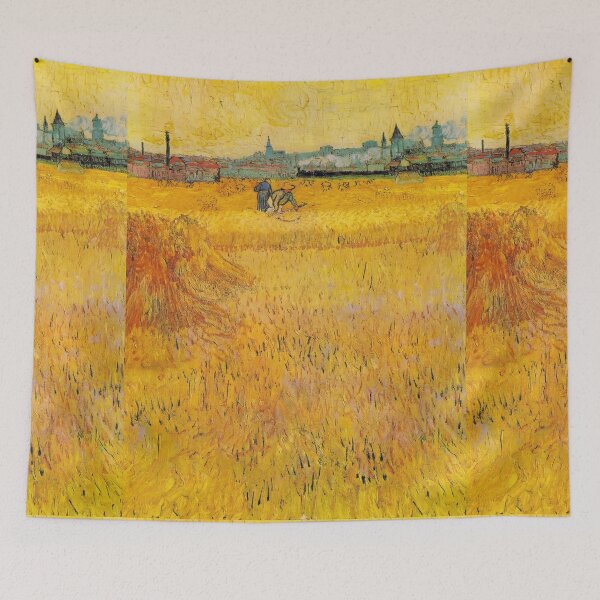 Artikelvorschau, Weizenfeld mit Blick auf Arles von Vincent van Gogh: Goldenes Landschaftsposter entworfen und verkauft von artofuniverse.