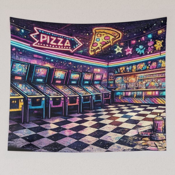 Item preview, Neon Arcade Room Pinball Machines Pizza - Retro Arcade designed and sold by irfanshikh.