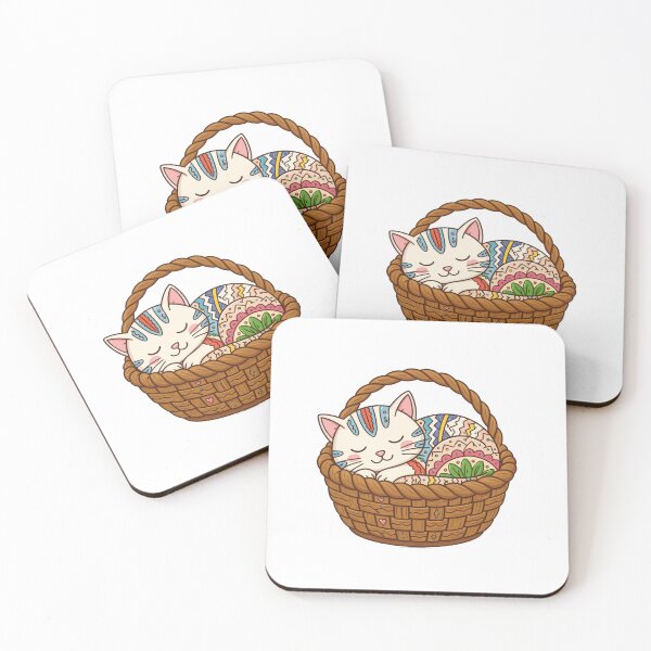 Item preview, Cozy Sleeping Cat in Woven Basket – Folk Art Patterned Kitten designed and sold by Inka Moon Design.