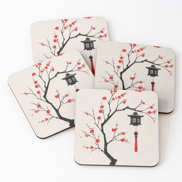 Item preview, Minimalist Sakura Tree & Red Sun | Japanese Zen Ink Wall Art designed and sold by ArtesioByZaber.