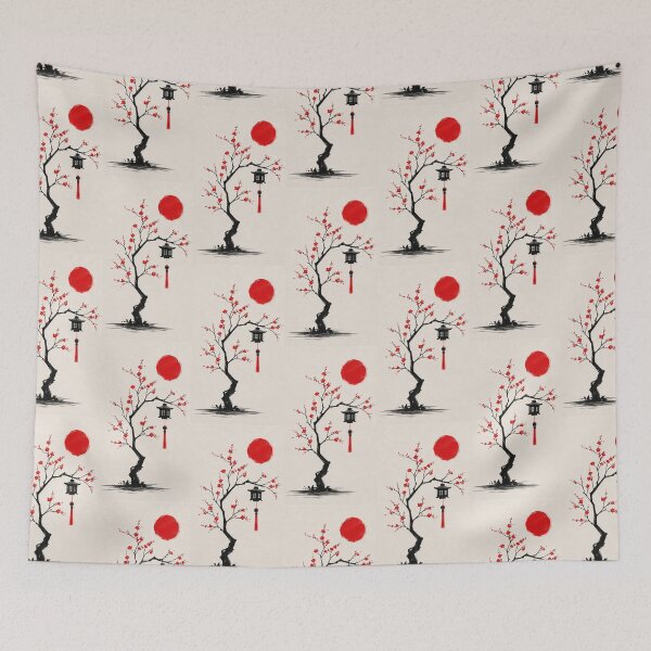 Item preview, Minimalist Sakura Tree & Red Sun | Japanese Zen Ink Wall Art designed and sold by ArtesioByZaber.