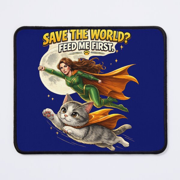 Item preview, Save the World? Feed Me First – Superhero Cat designed and sold by thirtyonestars.