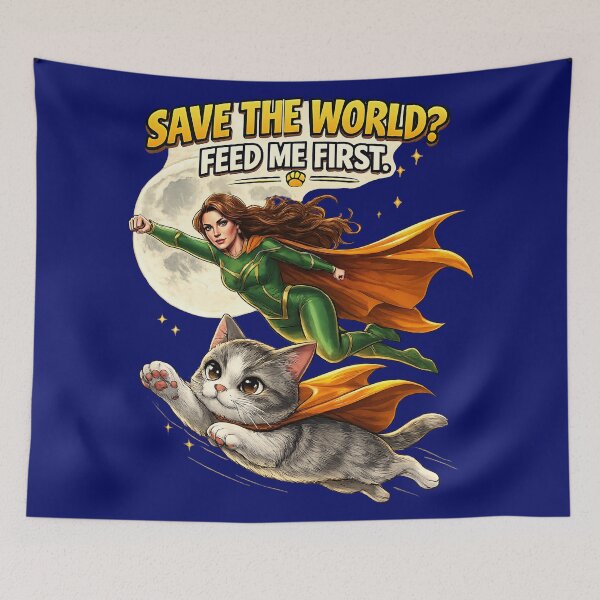 Item preview, Save the World? Feed Me First – Superhero Cat designed and sold by thirtyonestars.
