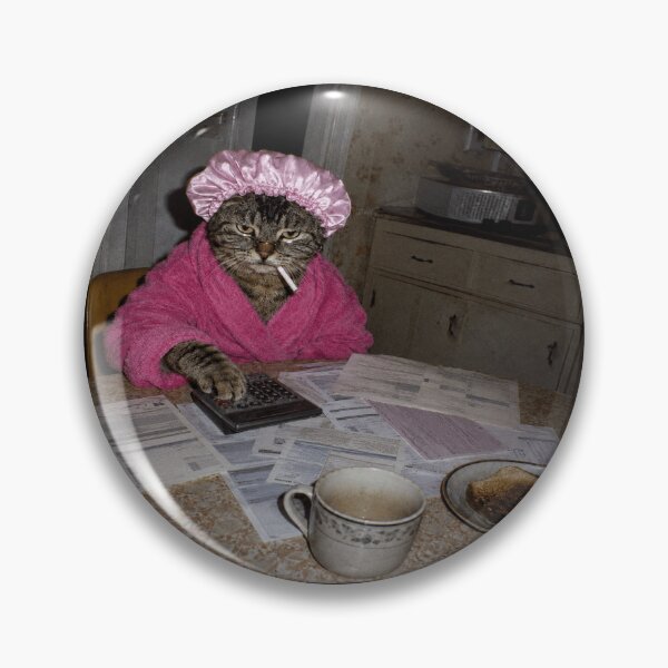 Item preview, Grumpy Tabby Paying Bills in Pink Robe Retro Photo Meme designed and sold by POD DYNASTY | Original Print On Demand T-Shirt Graphics.