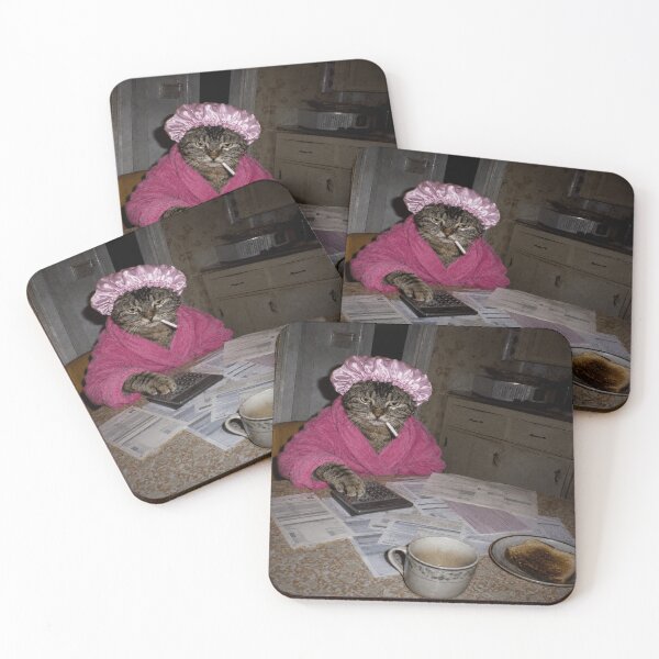 Item preview, Grumpy Tabby Paying Bills in Pink Robe Retro Photo Meme designed and sold by POD DYNASTY | Original Print On Demand T-Shirt Graphics.