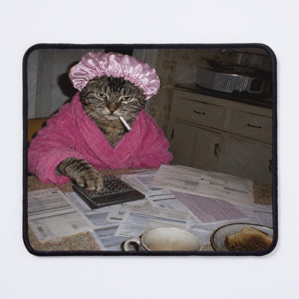 Item preview, Grumpy Tabby Paying Bills in Pink Robe Retro Photo Meme designed and sold by POD DYNASTY | Original Print On Demand T-Shirt Graphics.