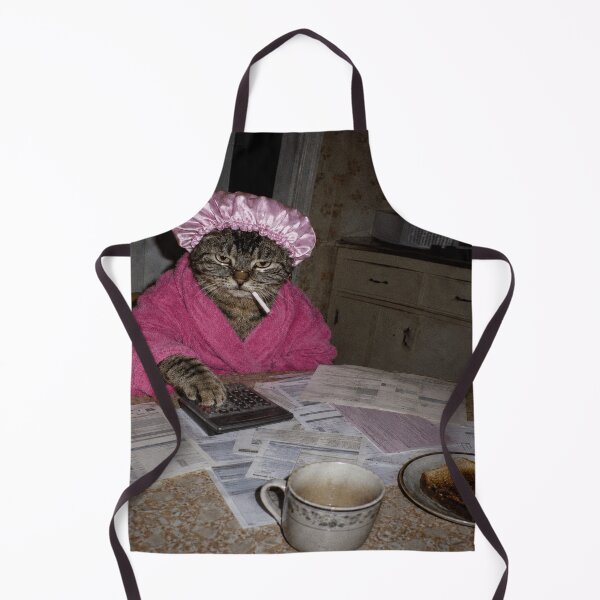 Item preview, Grumpy Tabby Paying Bills in Pink Robe Retro Photo Meme designed and sold by POD DYNASTY | Original Print On Demand T-Shirt Graphics.