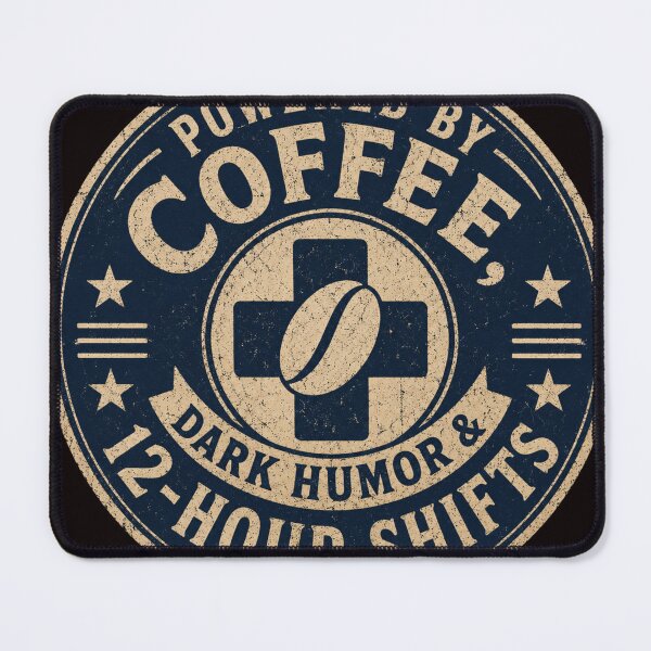 Item preview, Powered By Coffee, Dark Humor & 12-Hour Shifts – Vintage Medical Badge designed and sold by Quirky Gaps.