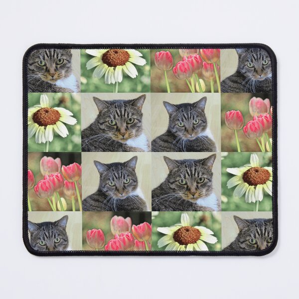 Item preview, Cat Portrait with Daisies and Tulips Collage designed and sold by JurateArt-DK.