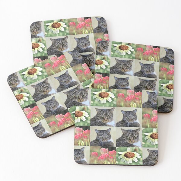 Item preview, Cat Portrait with Daisies and Tulips Collage designed and sold by JurateArt-DK.