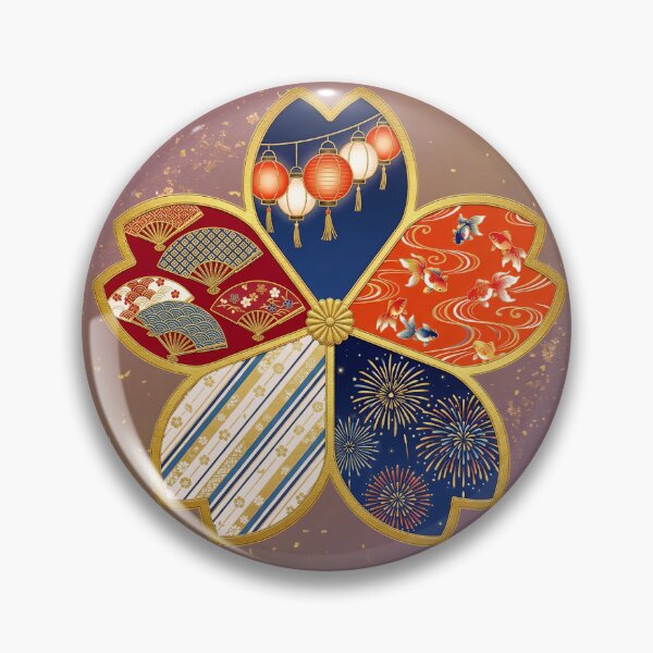Item preview, Matsuri — Japanese Cherry Blossom Crest Art Print | Lantern & Goldfish Festival Pattern designed and sold by KimonoKotoba.