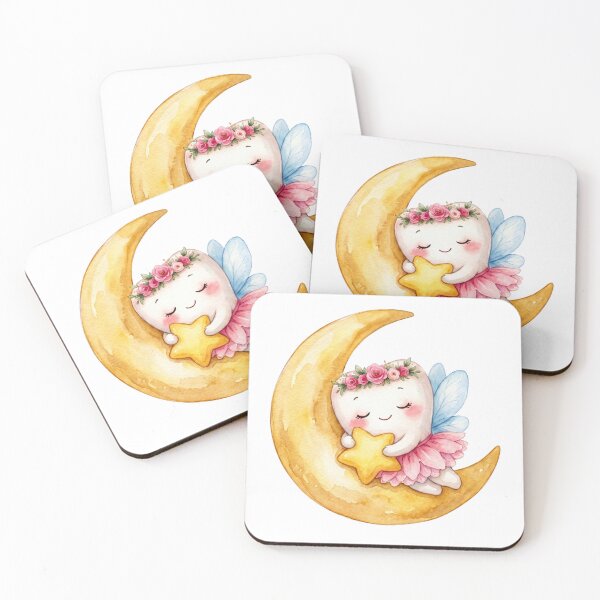 Item preview, Cute Tooth Fairy Sleeping on the Moon | Watercolor Fairy Tooth designed and sold by Mommy-Smile.