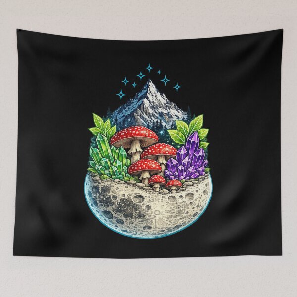 Item preview, Mushroom Crystal Moon — Amanita Fantasy Crystals on Lunar Surface Mountain Night Art designed and sold by ArtoryWorks.