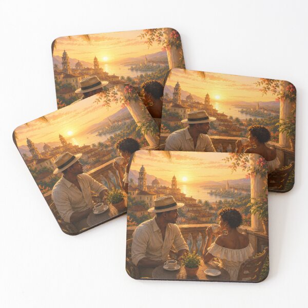 Item preview, Romantic Caribbean Sunrise Coffee | Tropical Balcony Morning Art designed and sold by QuietWallStudio.