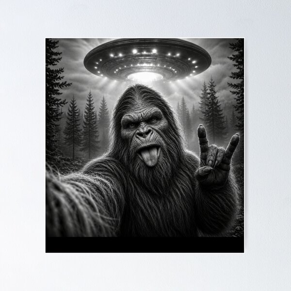 Item preview, Funny Sasquatch Bigfoot Rock On Selfie With UFO Alien designed and sold by Kladhadredo.
