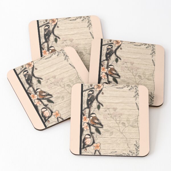 Item preview, Vintage Lined Paper Chickadees and Pink Blossoms designed and sold by ArtistsAtticWI.