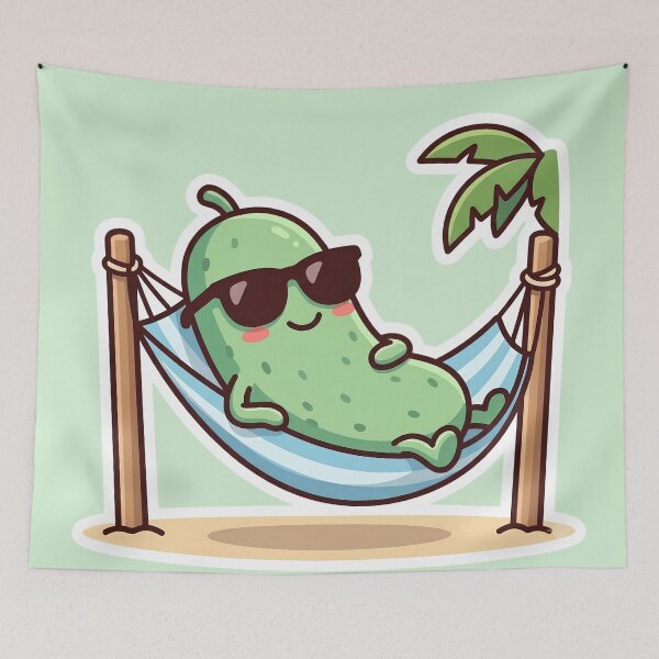Aperçu de l'œuvre Cornichon relaxant dans un hamac | Cornichon d'été kawaii et mignon | Cadeau amusant pour les vacances à la plage | Autocollant, t-shirt graphique et mug pour les amoureux des cornichons créée et vendue par Basma Designs | Funny Shirts, Stickers & Mugs.