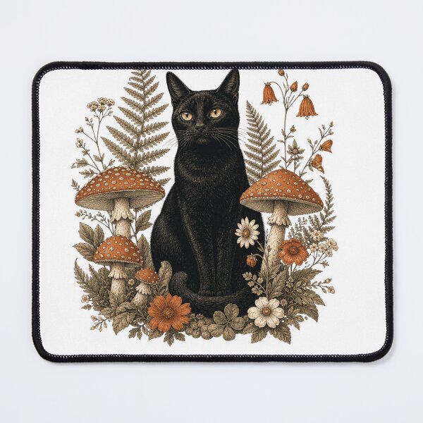 Item preview, Black Cat in Mushroom Forest Cottagecore Botanical Art designed and sold by Samael&.