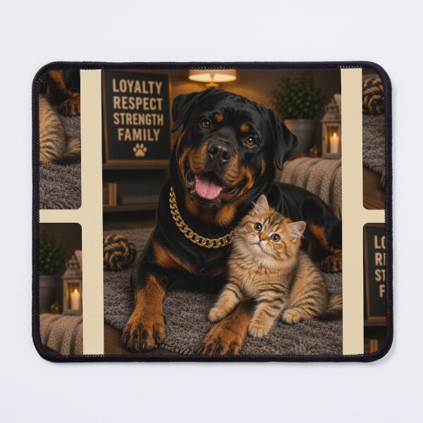 Item preview, Loyal Rottweiler and Cute Kitten Portrait Design Art designed and sold by BagFactoryUK.
