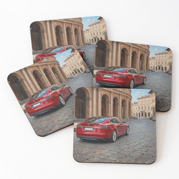 Item preview, Un Tesla Model S Sedán rojo carmesí en una calle adoquinada italiana. designed and sold by UmSkelig834.