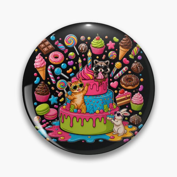 Item preview, Cute Cat & Raccoon Candy Birthday Cake | Kawaii Sweet Party Cartoon Design designed and sold by Celebrate & Sparkle.