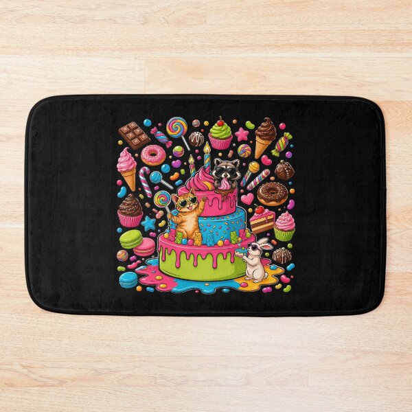 Item preview, Cute Cat & Raccoon Candy Birthday Cake | Kawaii Sweet Party Cartoon Design designed and sold by Celebrate & Sparkle.