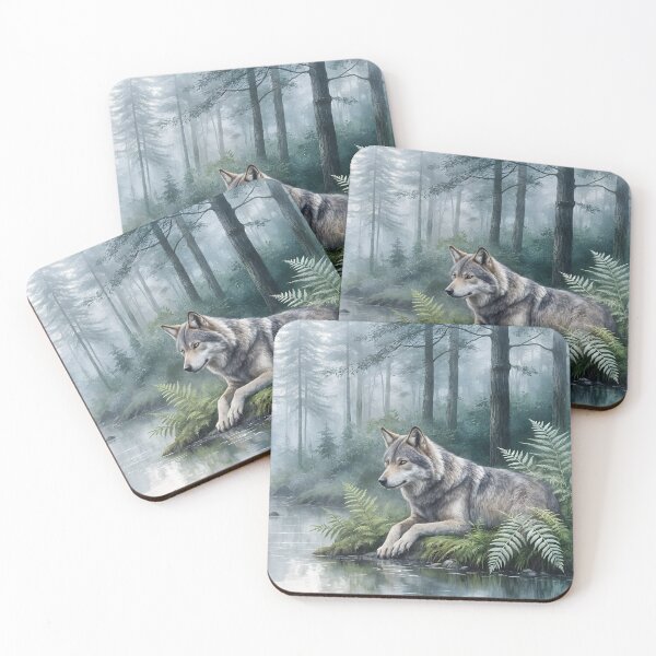 Item preview, Silent Sentinel of the Misty Creek | Gray Wolf Woodland Art designed and sold by Patricia Johnston.