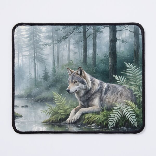 Item preview, Silent Sentinel of the Misty Creek | Gray Wolf Woodland Art designed and sold by Patricia Johnston.