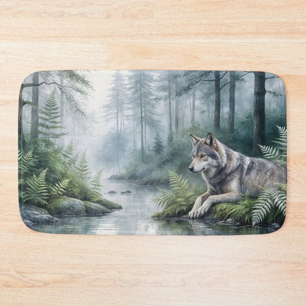 Item preview, Silent Sentinel of the Misty Creek | Gray Wolf Woodland Art designed and sold by Patricia Johnston.