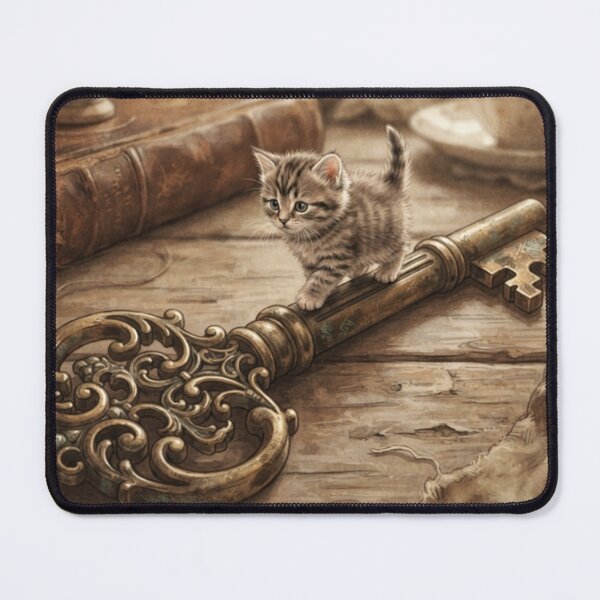 Item preview, Tiny Kitten on a Giant Vintage Ornate Key Miniature Illustration designed and sold by DuckOddity.