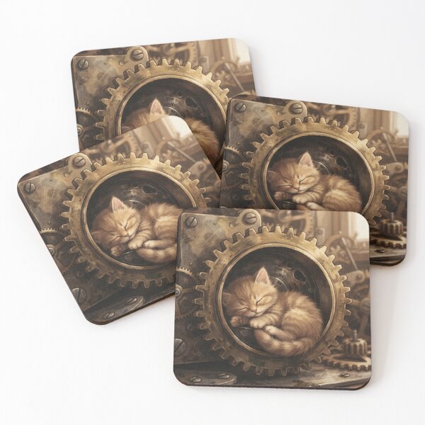 Item preview, Tiny Kitten in a Giant Vintage Brass Clock Gear Miniature Illustration designed and sold by DuckOddity.