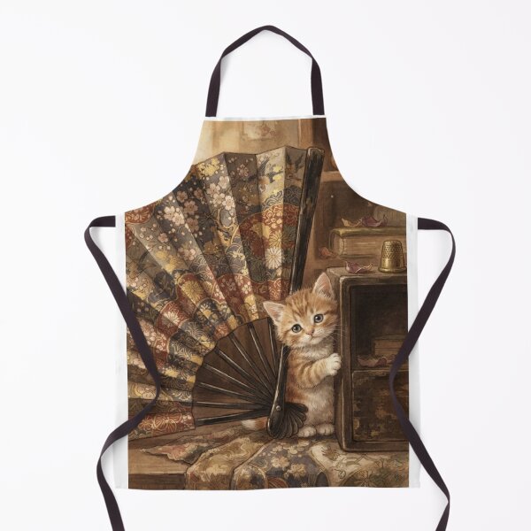 Item preview, Tiny Kitten Peeking from a Giant Vintage Silk Fan Miniature Illustration designed and sold by DuckOddity.