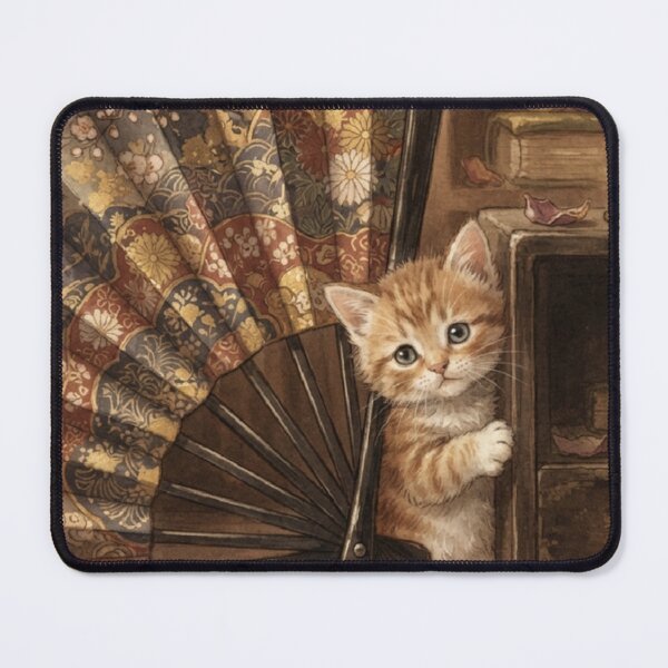 Item preview, Tiny Kitten Peeking from a Giant Vintage Silk Fan Miniature Illustration designed and sold by DuckOddity.