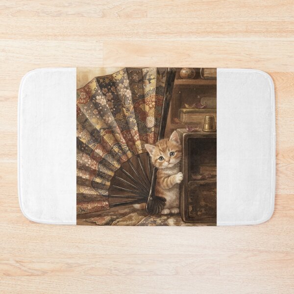 Item preview, Tiny Kitten Peeking from a Giant Vintage Silk Fan Miniature Illustration designed and sold by DuckOddity.