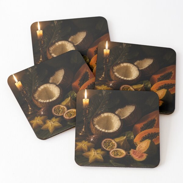 Item preview, Tropical Fruit Wall Art, Moody Kitchen Decor with Papaya, Coconut and Candlelight designed and sold by DimoraGutyz.
