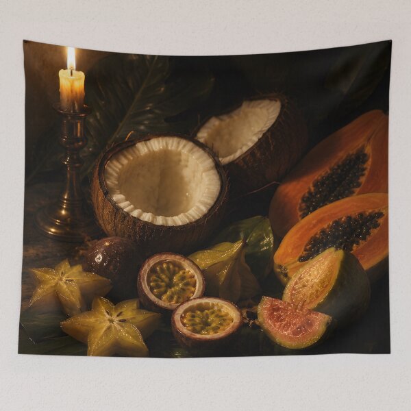 Item preview, Tropical Fruit Wall Art, Moody Kitchen Decor with Papaya, Coconut and Candlelight designed and sold by DimoraGutyz.